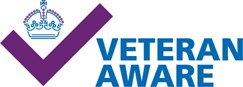 Logo with large purple tick beneath a crown and blue text saying Veteran Aware