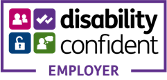 Purple box with four coloured icons and text saying disability confident employer