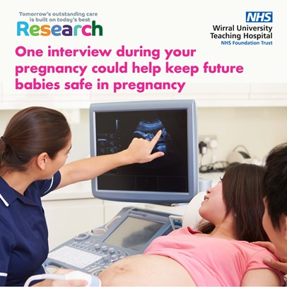 Image of a pregnant woman of mixed ethnicity wearing a pink T shirt pulled up above her pregnant tummy, a dark haired midwife in a dark blue tunic  is doing an ultrasound scan and pointing at the screen, a man is is at the side