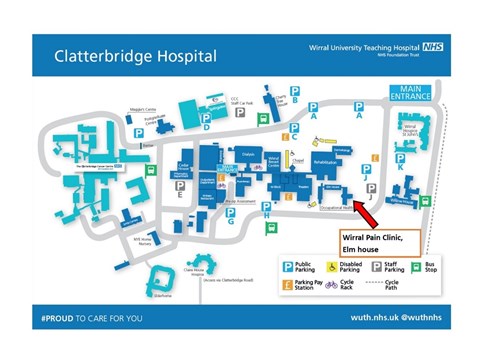 Map of Clatterbridge Hospital showing Wirral Pain Clinic