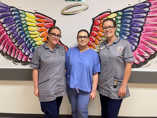 Photo of three student midwives Hannah Tiffany and Becki standing in front of a mural of colourful angel wings