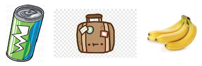 picture of can of isotonic drink, suitcase and bananas