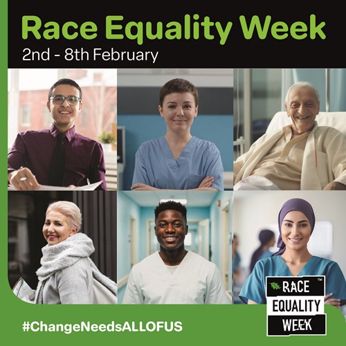 Green and black tile saying Race Equality Week, six photos of people of diverse cultures, #ChangeNeedsAllOfUs, Race Equality Week logo